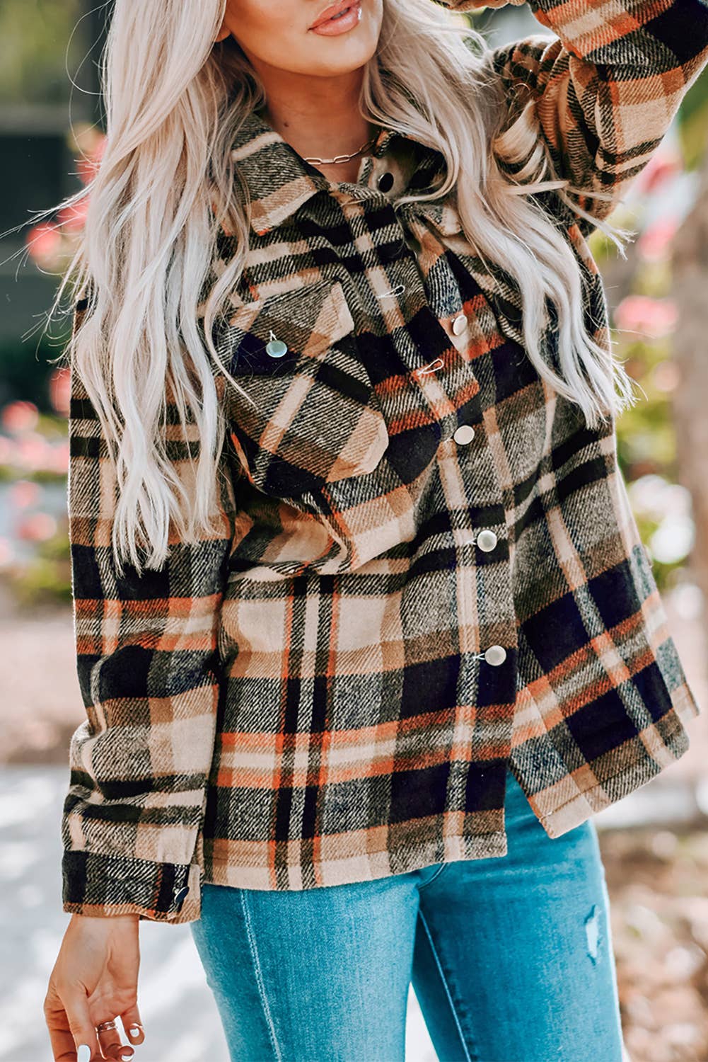 Orange Plaid Long Sleeve Pocketed Shacket