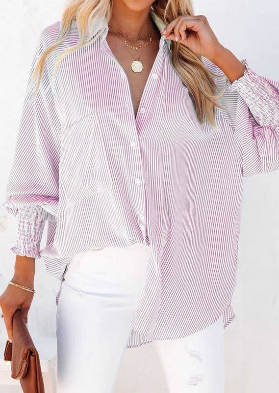 Pink Stripe Smocked Boyfriend Shirt