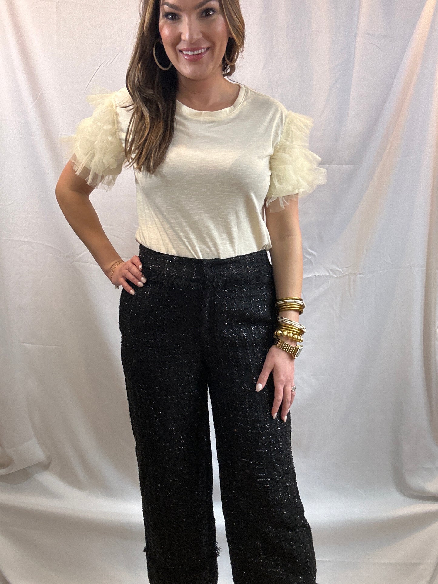 Black Frayed Tweed Pants