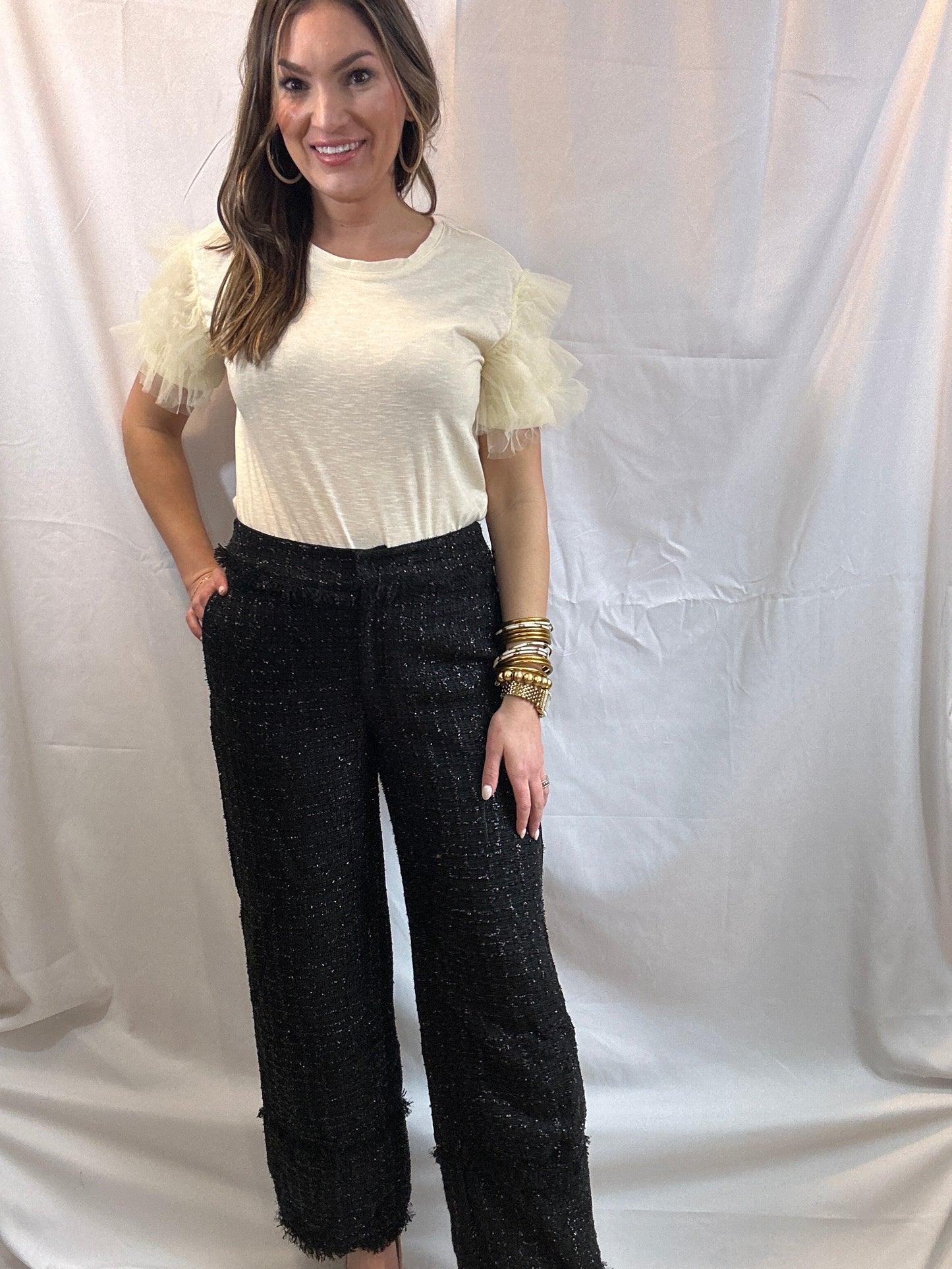 Black Frayed Tweed Pants