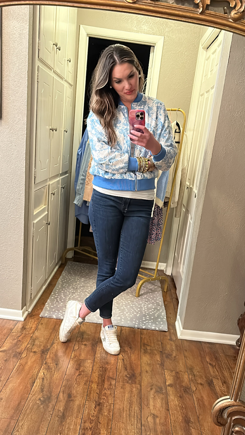 good vibes only eyelet floral bomber jacket