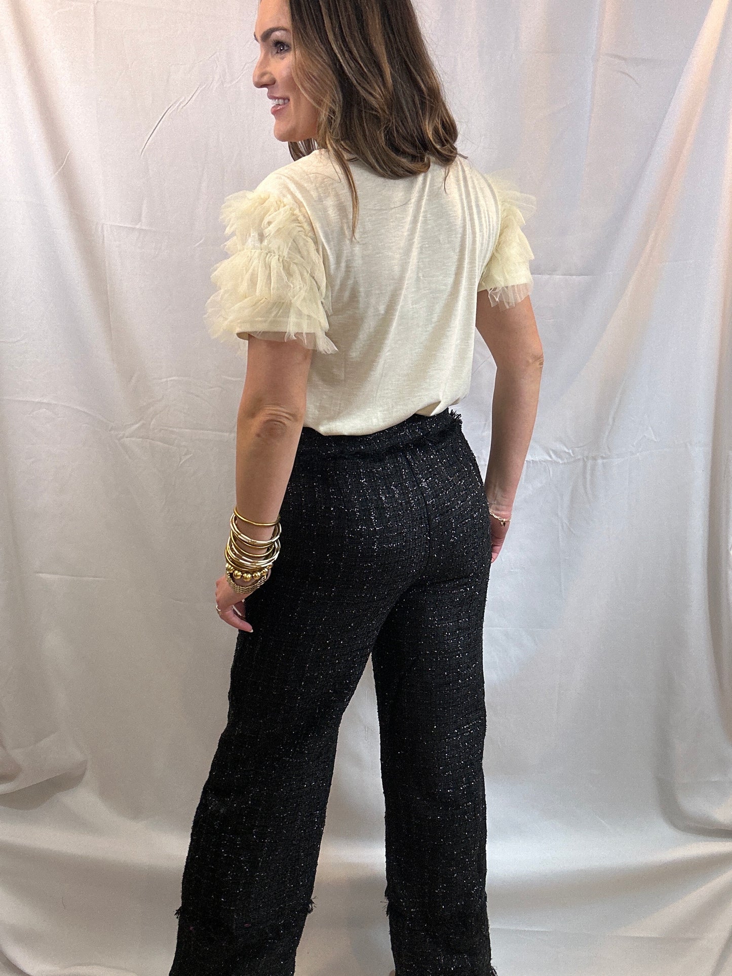 Black Frayed Tweed Pants