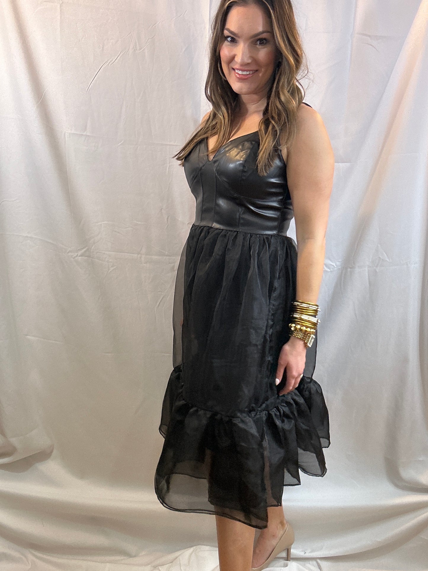 Black Faux Leather/Ruffle Midi Dress