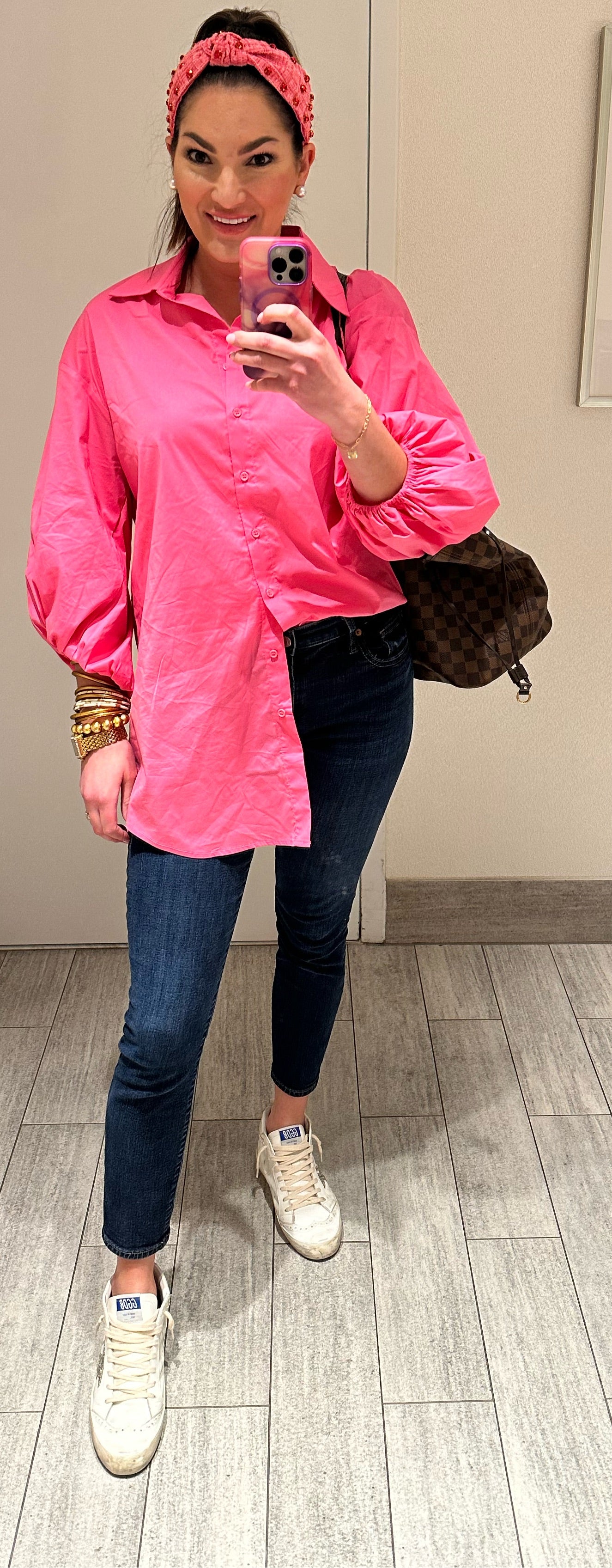 Hot Pink Bishop Sleeve Hi-Lo Shirt Dress