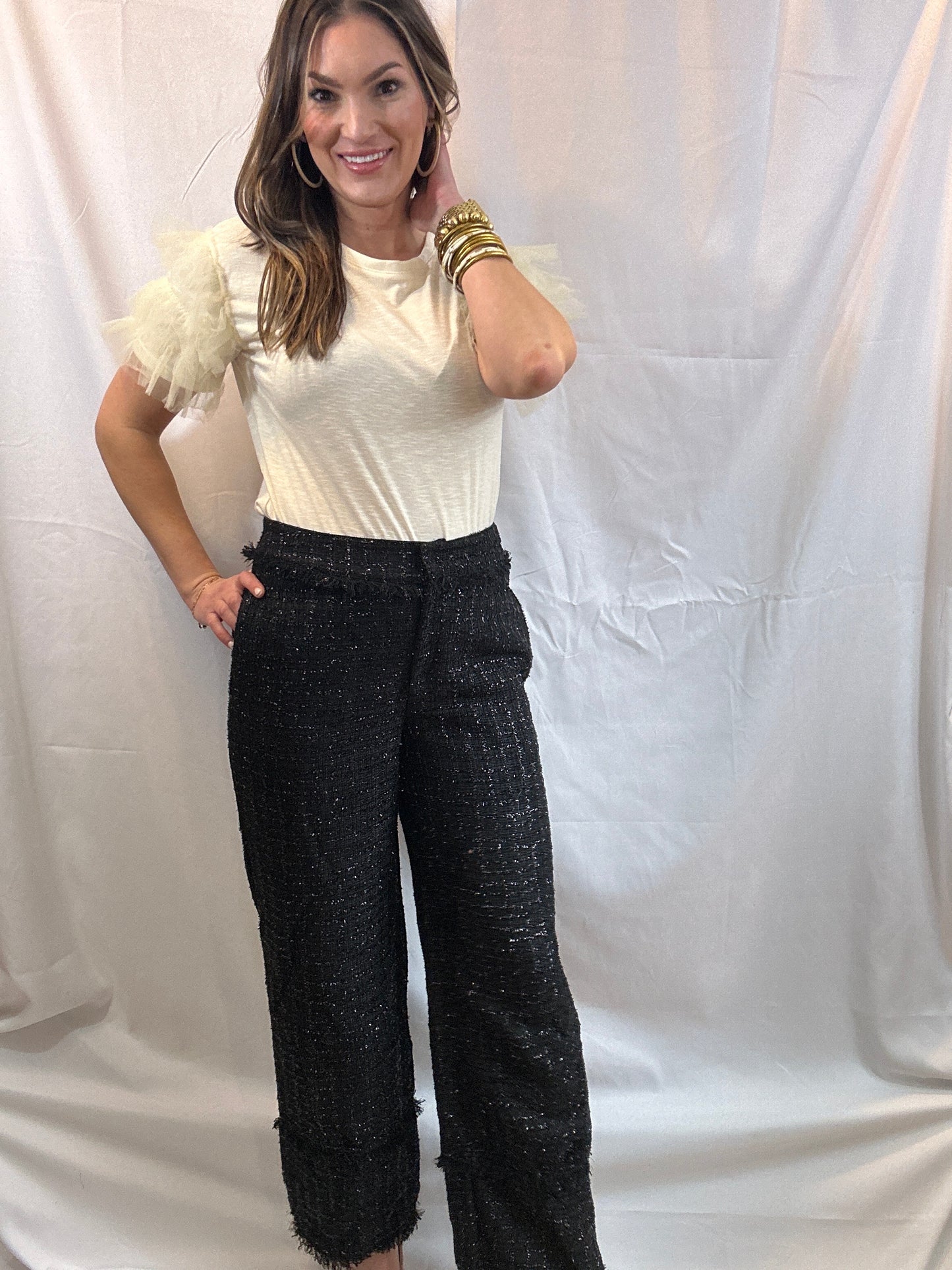 Black Frayed Tweed Pants