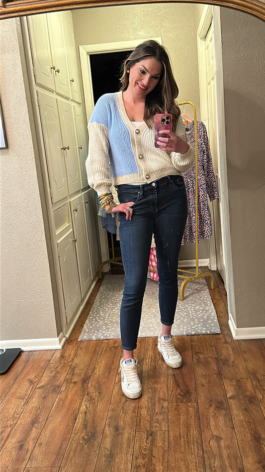 cool, calm & connected blue color block cardigan