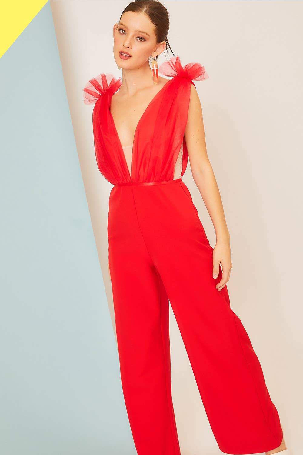 Red Ruffled Accents Shoulders Jumpsuit